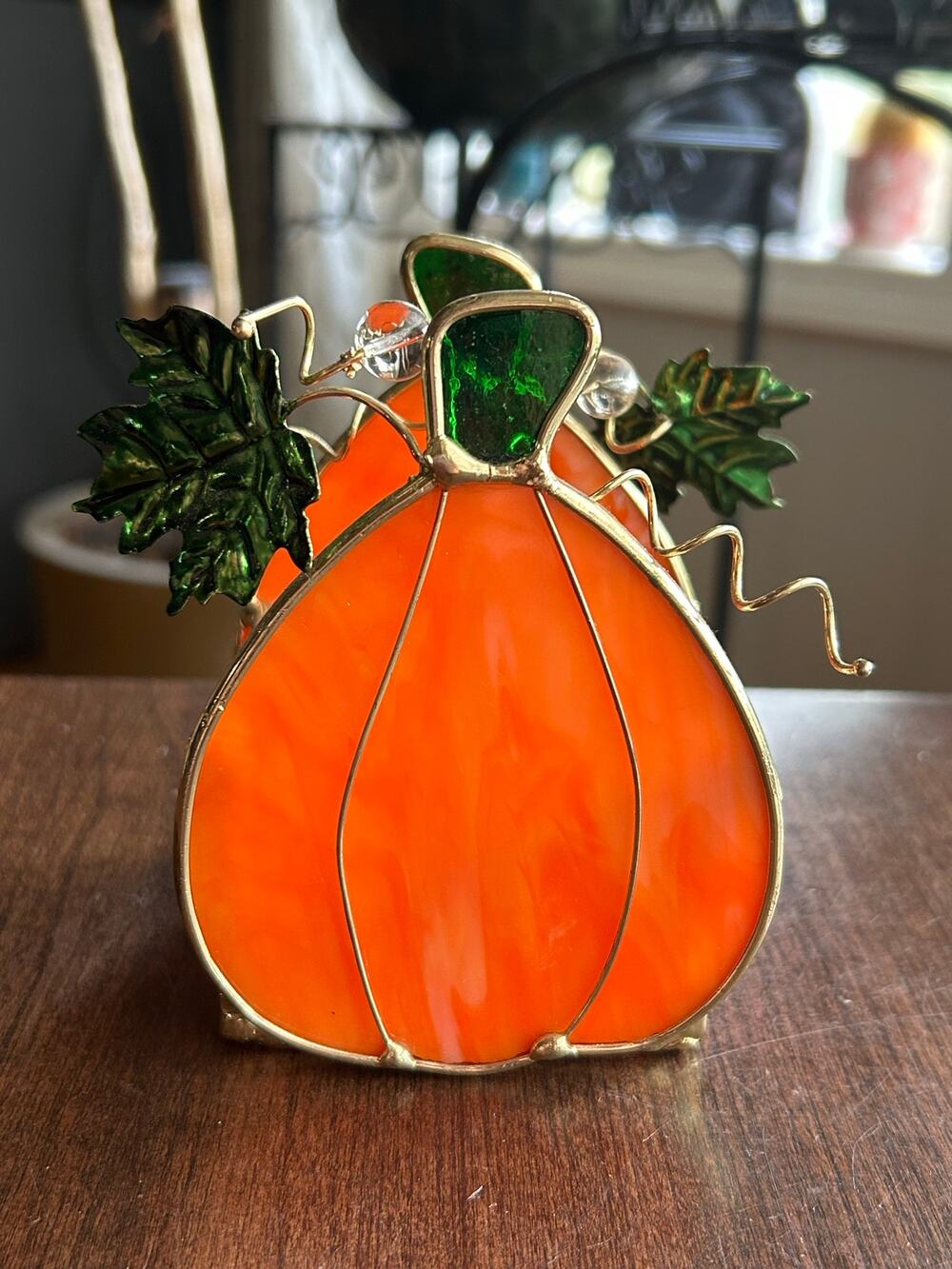 Vtg stained Glass Pumpkin Candleholder Tea Light Votive